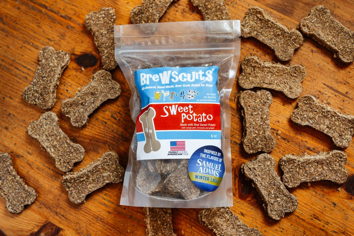 Brewscuits dog treats made with whole grains, including oats, barley, and rye, offering a nutritious snack option for dogs.