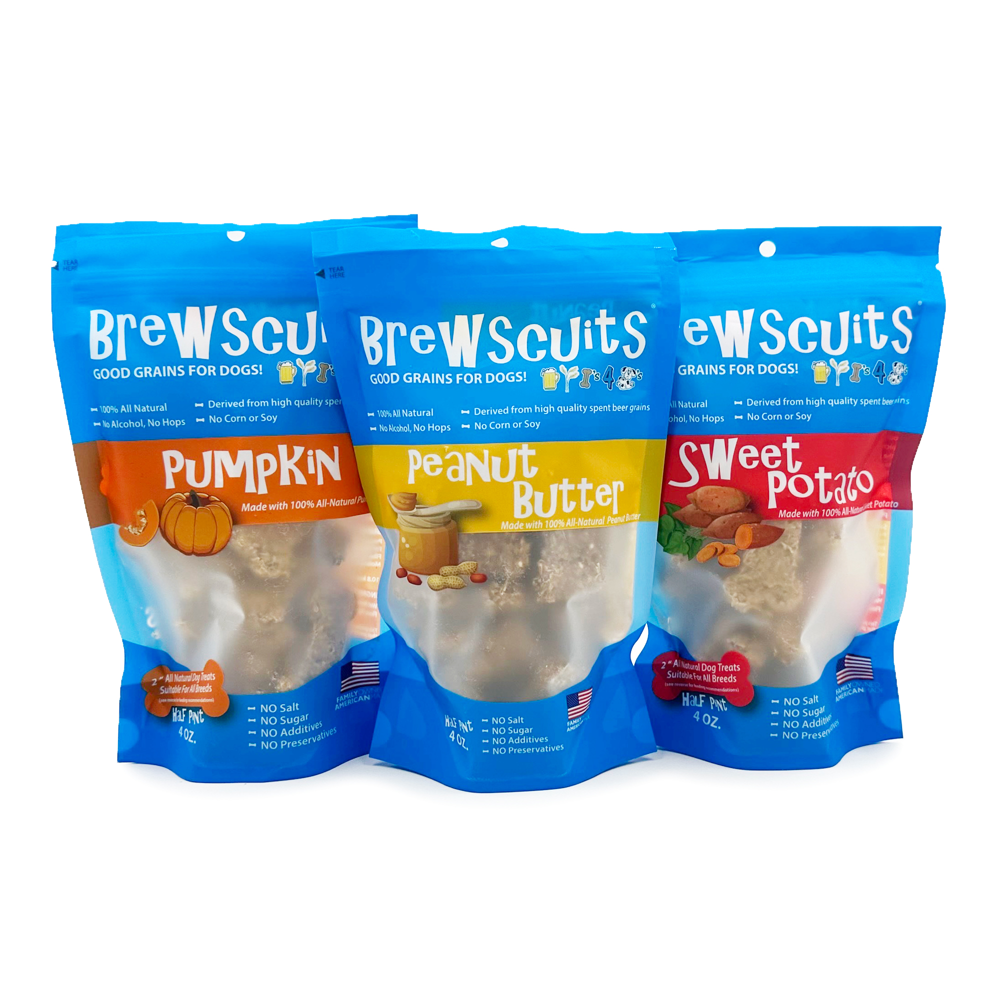 Brewscuits dog treats made with whole grains, including oats, barley, and rye, offering a nutritious snack option for dogs.