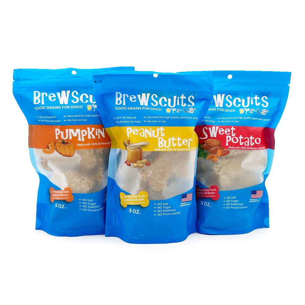 Brewscuits dog treats made with whole grains, including oats, barley, and rye, offering a nutritious snack option for dogs.